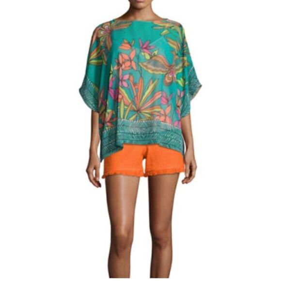 TRINA TURK Marlete Floral Chiffon Silk Blouse Kimono Scarf Top XS/S - Picture 1 of 7